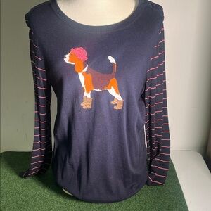 Cute Talbots Navy Dog Graphic Long Sleeve Sweater with Pink Stripes